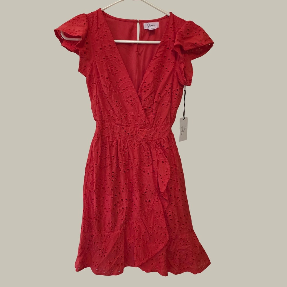 Japna Womens Dress Size XS Red Eyelet Cotton Mini Ruffle Cottage Boho